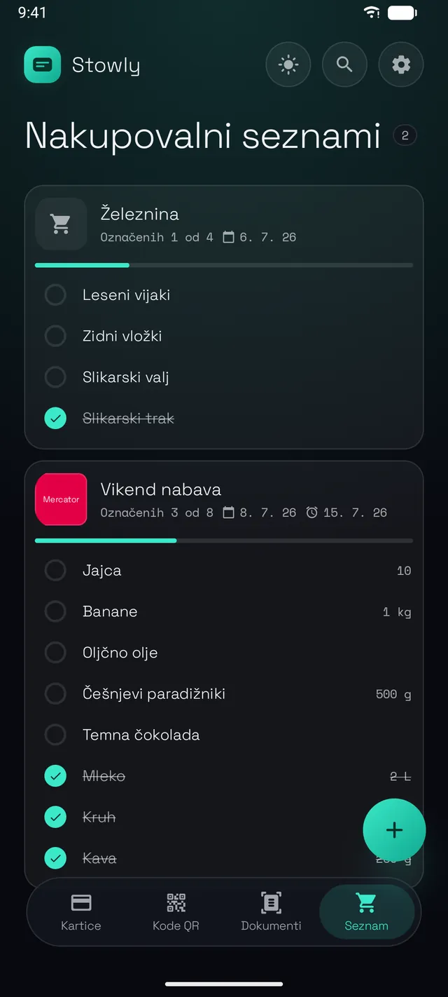 Nakupovalni seznami z napredkom odkljukanih izdelkov