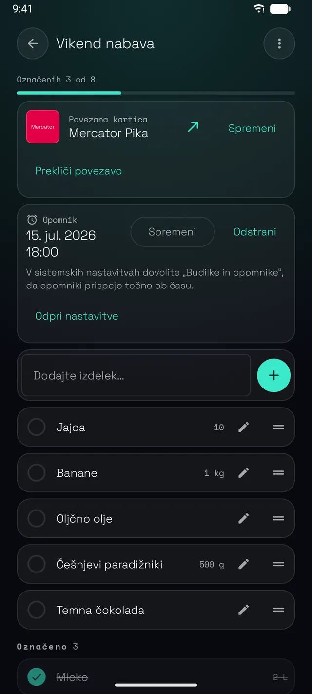 Nakupovalni seznam z izdelki in količinami