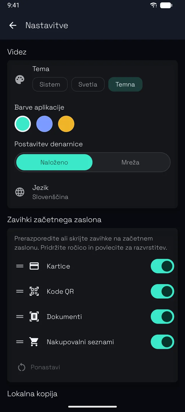 Nastavitve aplikacije Stowly s temami, barvami poudarkov in zavihki