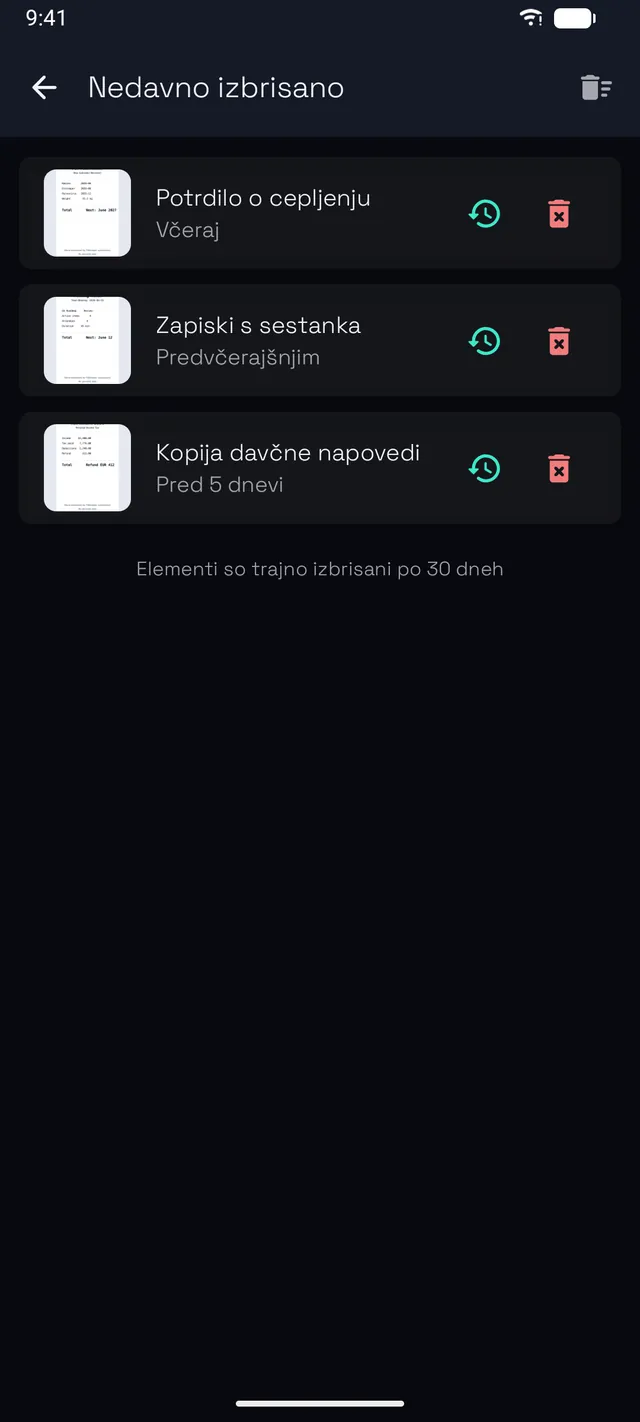 Nedavno izbrisani vnosi, ki jih je mogoče obnoviti v 30 dneh