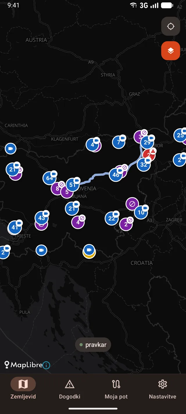 The Zastoji map of Slovenia with traffic events and cameras