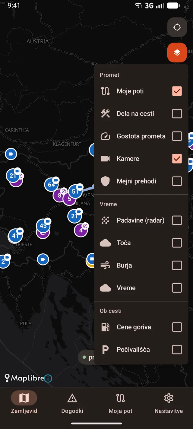 The Zastoji layer menu with cameras, radar, fuel prices and rest areas