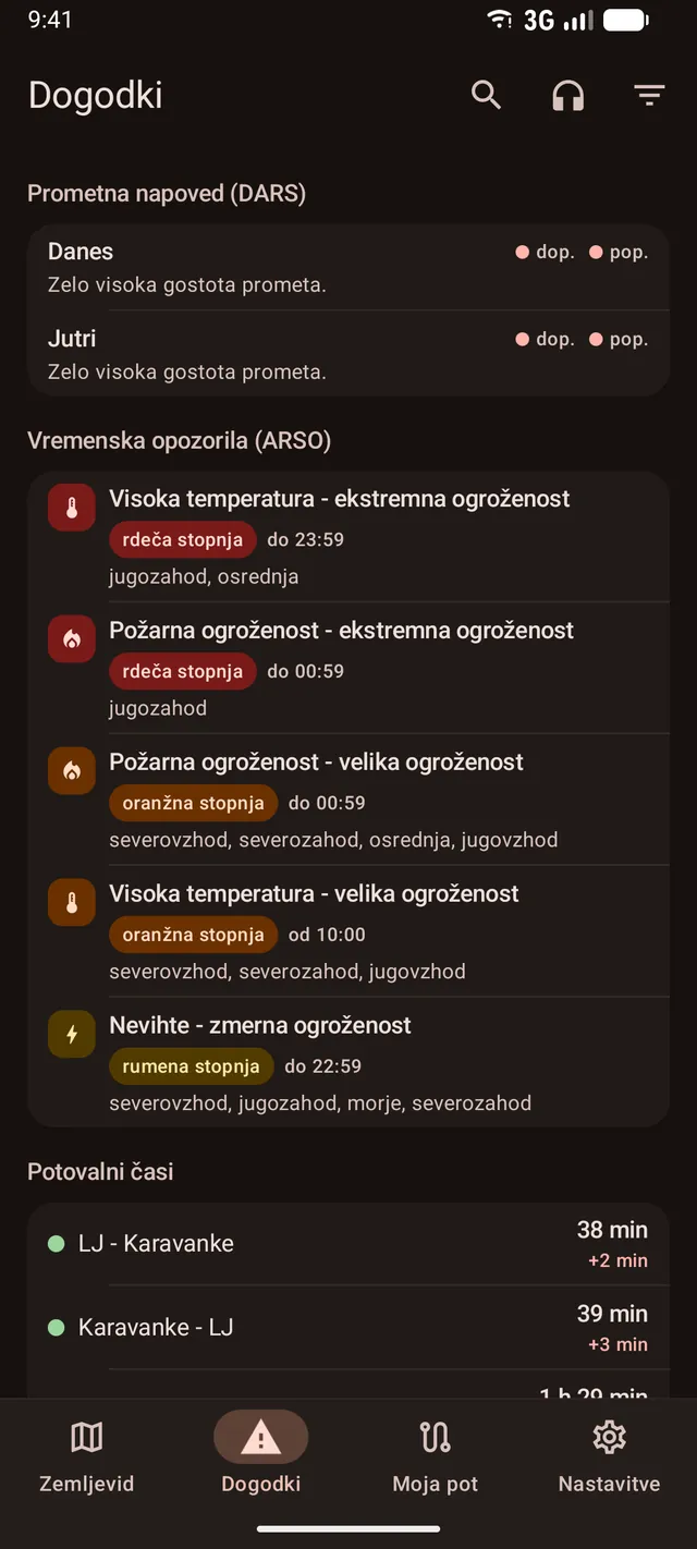The Zastoji event list with the DARS forecast, ARSO warnings and travel times