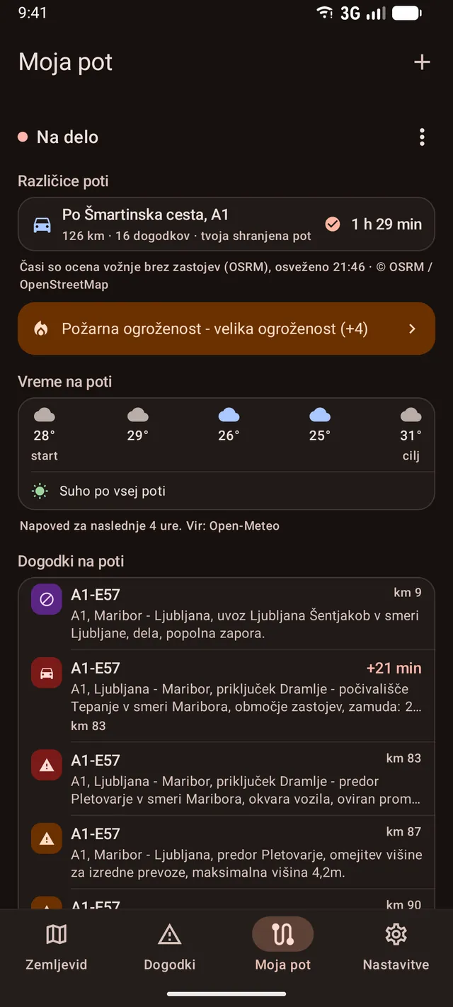 A saved Zastoji route with live travel time and matched incidents