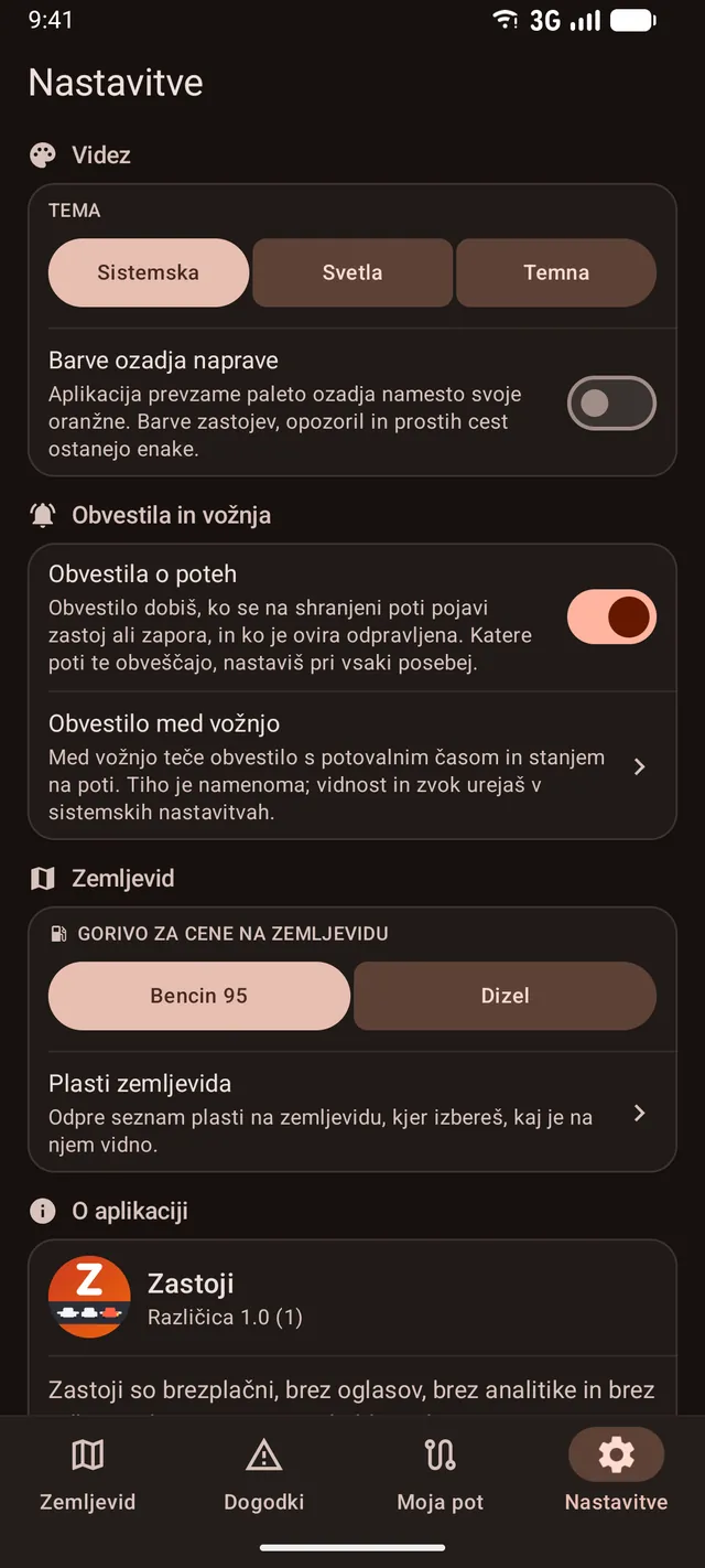 Zastoji settings with theme, alerts and map layers