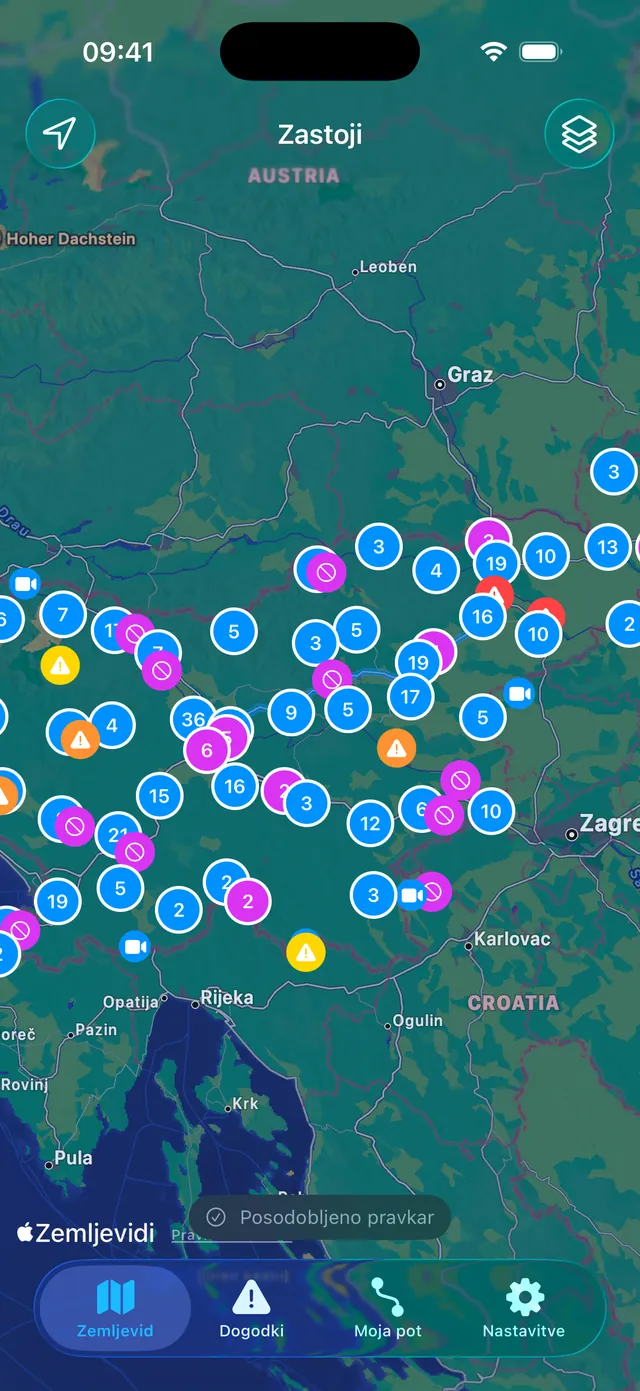 The Zastoji map of Slovenia on iPhone with traffic events and cameras