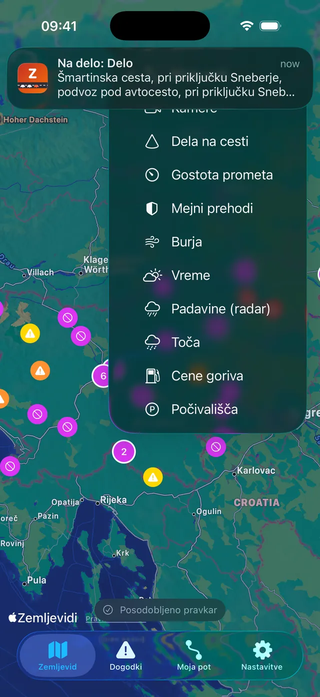 The Zastoji layer menu on iPhone with cameras, radar, fuel prices and rest areas