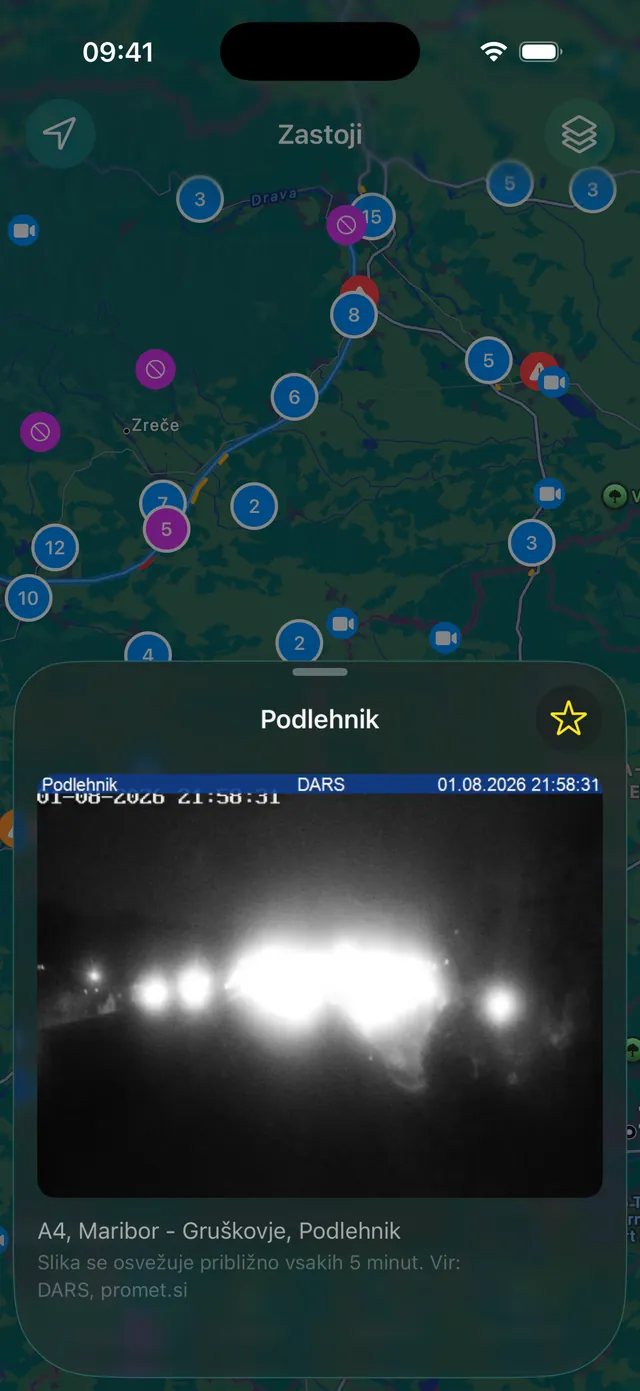 A Zastoji traffic camera sheet on iPhone with a live still from DARS