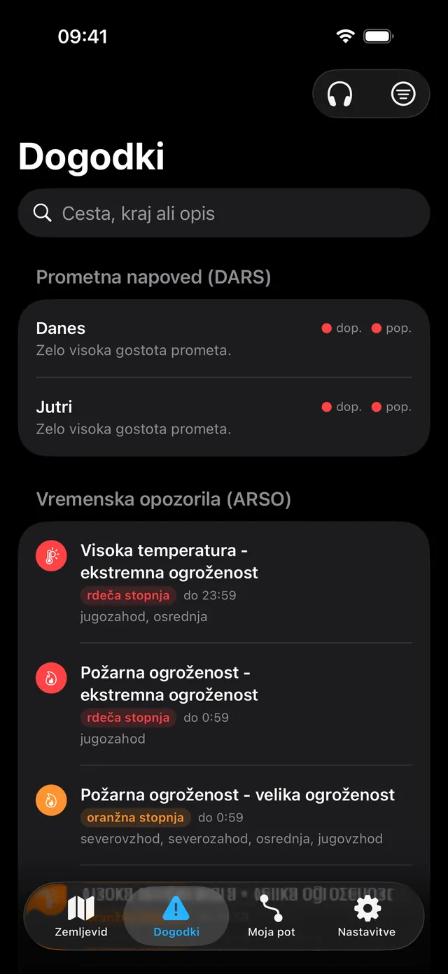 The Zastoji event list on iPhone with the DARS forecast, ARSO warnings and travel times