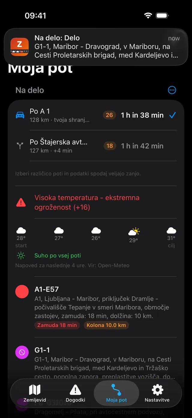 A saved Zastoji route on iPhone with live travel time and matched incidents