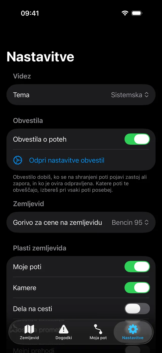 Zastoji settings on iPhone with theme, alerts and map layers