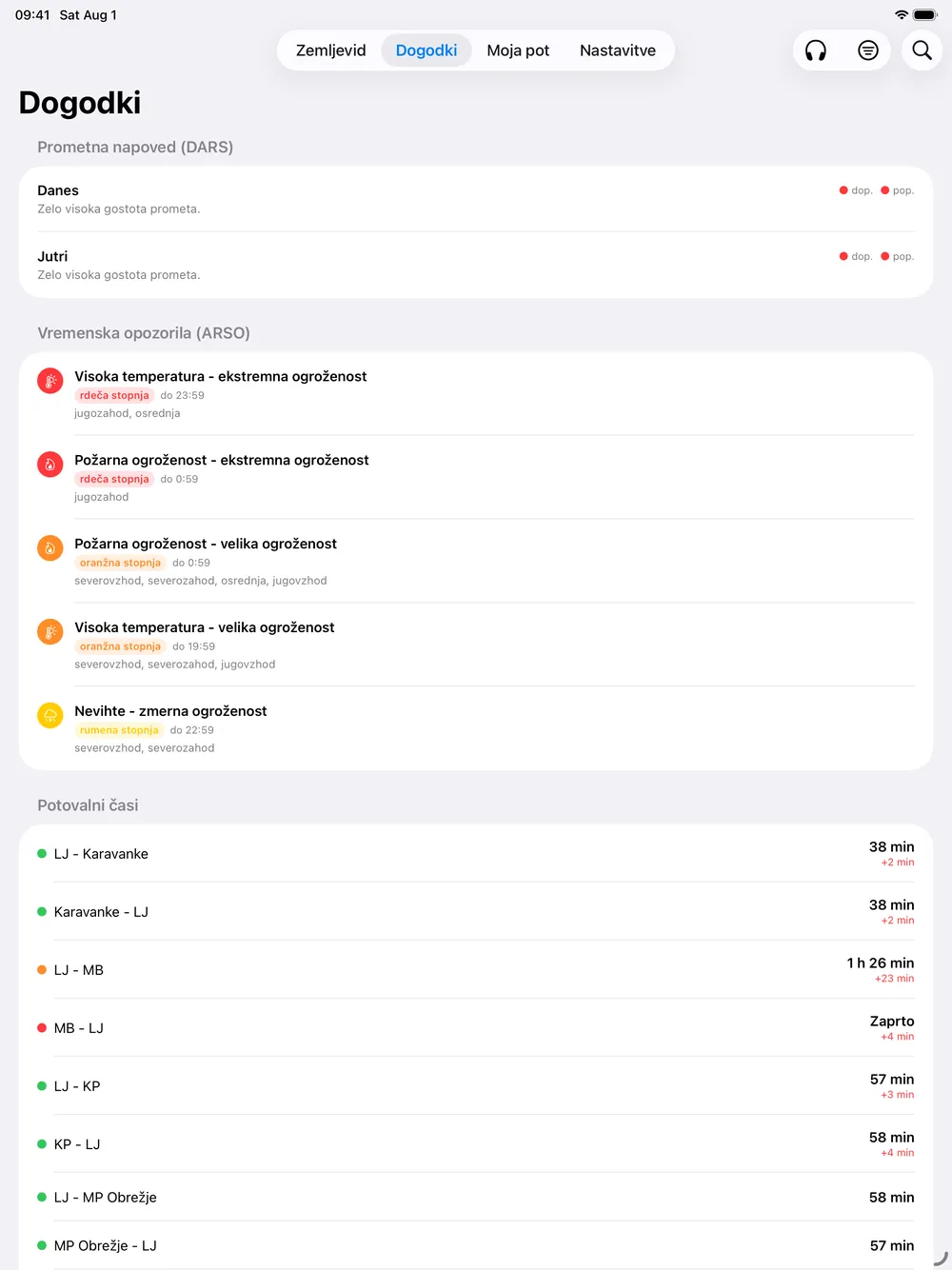 The Zastoji event list on iPad with the DARS forecast, ARSO warnings and travel times