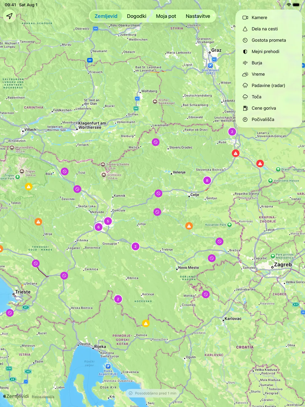 The Zastoji layer menu open over the map on iPad