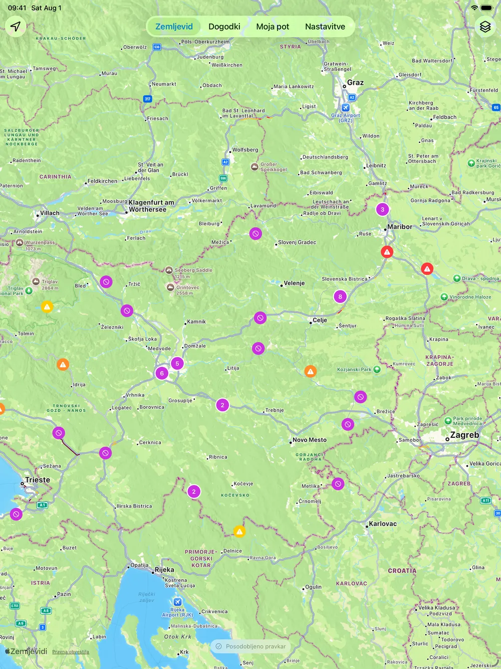 The Zastoji map of Slovenia on a 13-inch iPad